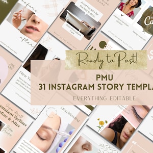 PMU Permanent Makeup Instagram Story Templates, 31 Editable PMU Social Media Posts, Free Animated Story Templates, Microblading Brow Lip v1