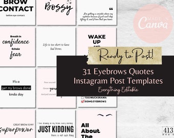 31 Eyebrows Quotes Instagram Templates, Brow Quotes, Canva Template, Microblading Social Media Post, PMU Branding, PMU Artist, v1