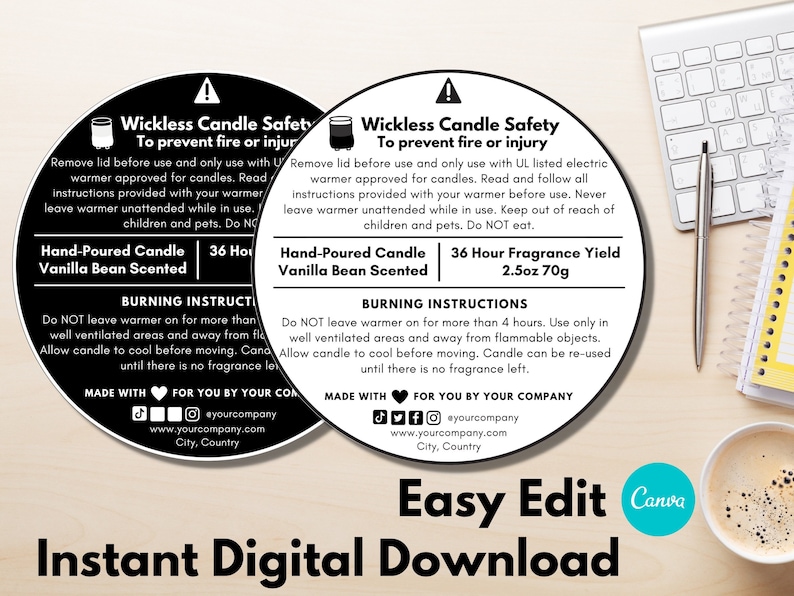 May include: Black and white round sticker with safety instructions for a candle warmer. The sticker includes a warning symbol, text that reads "Wickless Candle Safety To prevent fire or injury", and instructions for using the warmer safely. The sticker also includes the text "Hand-Poured Candle 36 Hour Fragrance Yield Vanilla Bean Scented 2.5oz 70g".