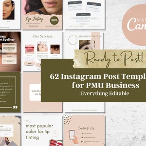 62 PMU Instagram Post Templates Editable with Canva, PMU Aftercare & Info Social Media Posts, Permanent Make Up Instagram Template, v2