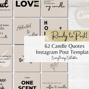 Puede incluir: Un conjunto de 62 plantillas de publicaciones de Instagram con citas sobre velas. Las plantillas son beige con texto y gráficos negros. El texto incluye citas como "Un hogar hermoso se completa con una vela hermosa" y "El cuidado personal no es egoísta".