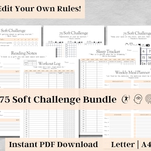 Editable 75 Soft Challenge Tracker, Habit Tracker, 75 Soft Planner, Weekly Meal Planner, Digital Download, Body Mind Spirit Wellness, v6