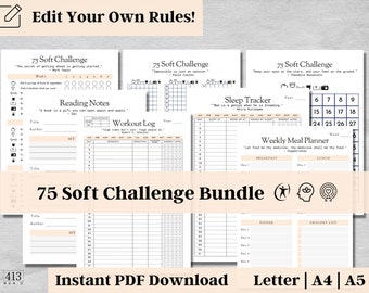 Editable 75 Soft Challenge Tracker, Habit Tracker, 75 Soft Planner, Weekly Meal Planner, Digital Download, Body Mind Spirit Wellness, v6