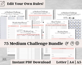 Editable 75 Medium Challenge Tracker, Habit Tracker, 75 Medium Planner, Meal Planner, Digital Download, Body Mind Spirit Wellness, v2