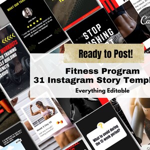 31 modelos de histórias de fitness no Instagram, grupo de desafios de fitness, modelos canva editáveis, modelos de mídia social de fitness e treino, v1