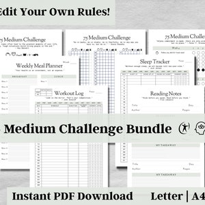 May include: A printable bundle of 75 medium challenge trackers. The trackers are designed for a variety of activities, including meal planning, workout logging, sleep tracking, and reading notes. The bundle includes a variety of designs, including black and white, and green and white.