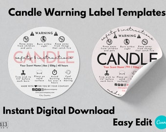 Candle Warning Label Template, Canva Candle Safety Label, Candle Safety Sticker 1.5" 2" 3" Circle Safety Label, Round Packaging Label, v3