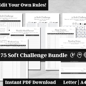 Editable 75 Soft Challenge Tracker, Habit Tracker, 75 Soft Planner, Weekly Meal Planner, Digital Download, Body Mind Spirit Wellness, v7