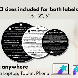 May include: Three black and white round candle labels with a warning symbol and text that reads "Wickless Candle Safety To prevent fire or injury". The labels are for hand-poured vanilla bean scented candles and include burning instructions. The labels are available in three sizes: 1.5 inches, 2 inches, and 3 inches.
