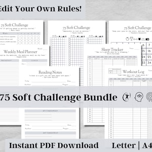 Editable 75 Soft Challenge Tracker, Habit Tracker, 75 Soft Planner, Weekly Meal Planner, Digital Download, Body Mind Spirit Wellness, v4