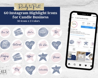 Op de afbeelding: Een set van 60 Instagram-highlight-pictogrammen voor kaarsenbedrijven. De pictogrammen zijn in twee kleuren: blauw en roze. De pictogrammen bevatten verschillende ontwerpen, waaronder een doosset, cadeau-ideeën, aanbevolen, voor haar, voor hem, nieuw, maken van, beoordeling, aanbiedingen, pers, prijzen, Etsy, studio, duurzaamheid en winkel.