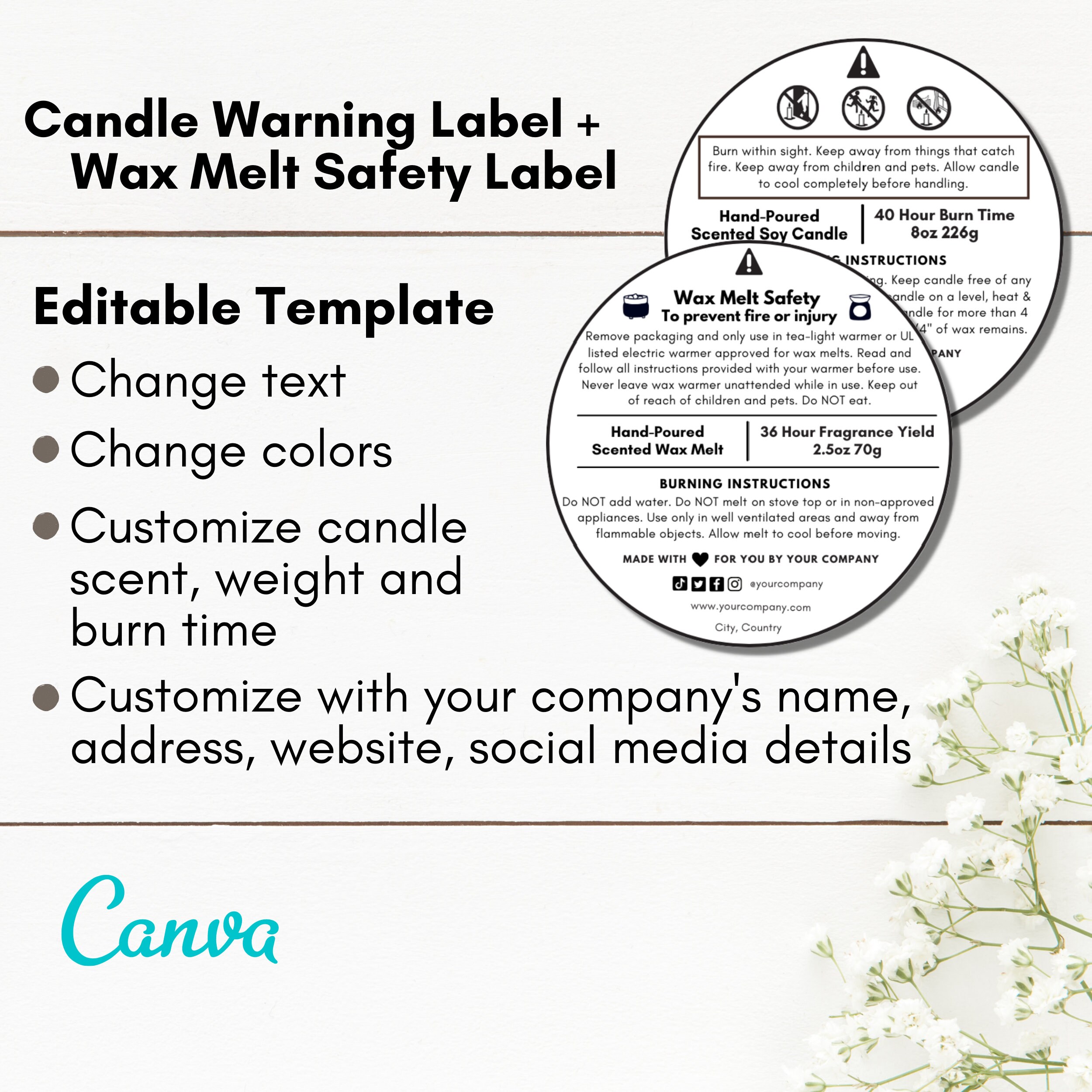 Editable Candle Warning and Wax Melt Safety White Label Template With ...