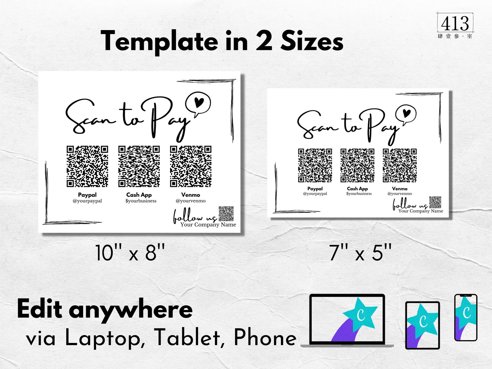 Editable QR Code Sign Template, Scan to Pay Sign, Canva, Digital ...