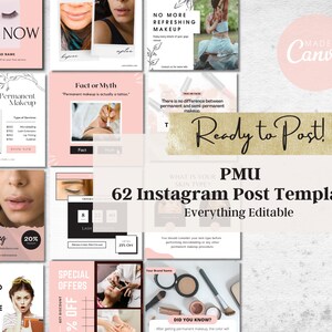 Permanent Makeup Instagram Post Templates, 62 Editable PMU Social Media Posts, PMU After Care Social Media Posts, Microblading Brow v3