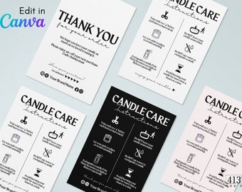 Candle Care Card Template, Printable Candle Safety Instructions, Editable Candle Thank You Card, Canva Template, Candle Business Inserts, v4