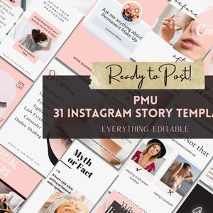 Permanent Makeup Instagram Story Templates, 31 Editable PMU Social Media Posts, Free Animated Story Templates, Microblading Brow Lip v2