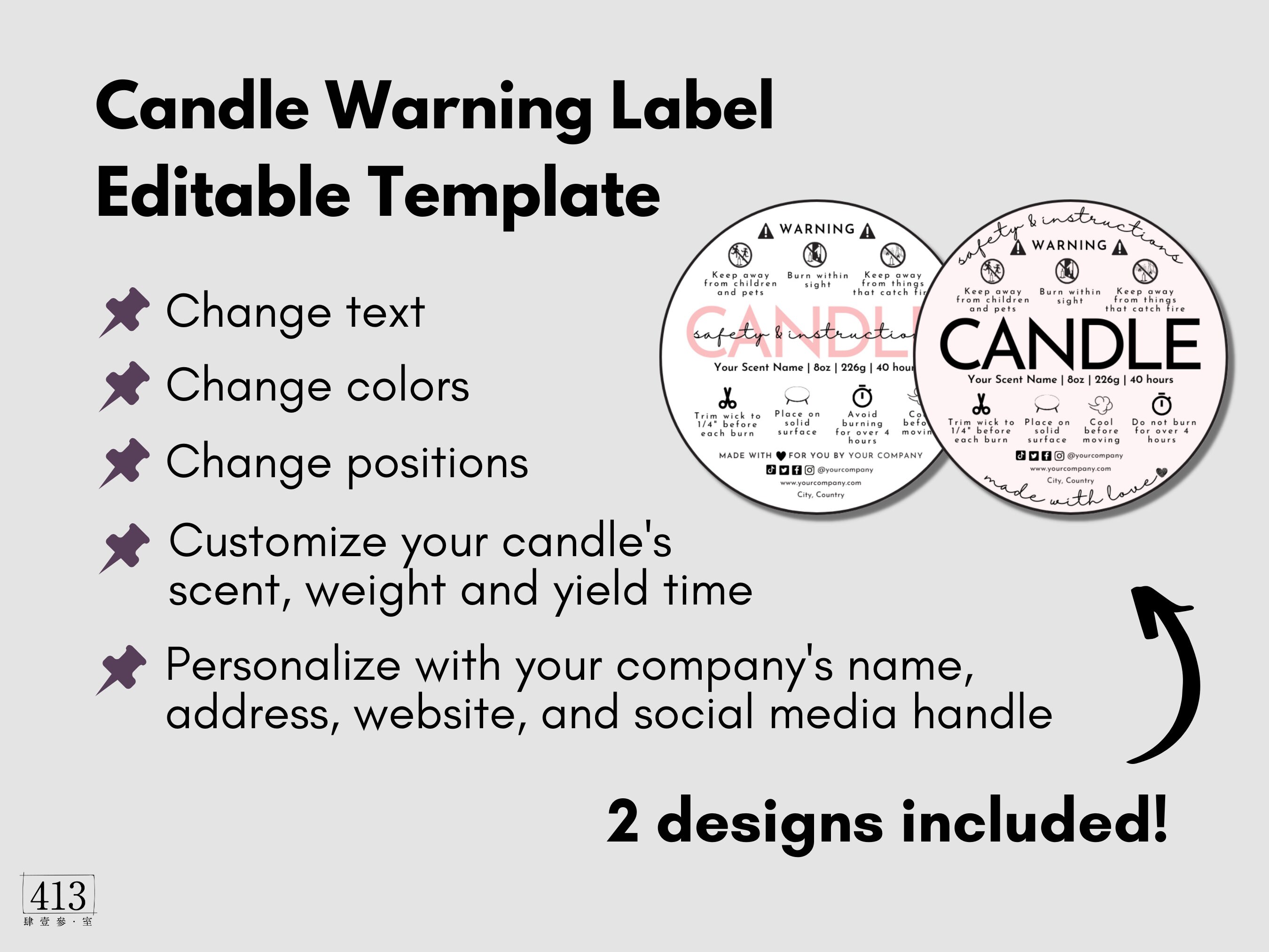 Candle Warning Label Template, Canva Candle Safety Label, Candle Safety