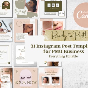 31 PMU Instagram Post Templates Editable with Canva, PMU Aftercare & Info Social Media Posts, Permanent Make Up Instagram Templates, v2