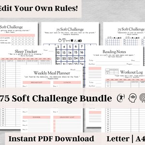 Editable 75 Soft Challenge Tracker, Habit Tracker, 75 Soft Planner, Weekly Meal Planner, Digital Download, Body Mind Spirit Wellness, v2