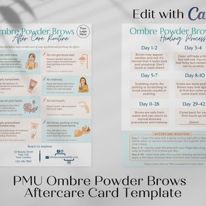 PMU After Care Card Template Editable with Canva, PMU Ombre Powder Brows Aftercare, Permanent Makeup Aftercare, PMU Healing Process, v2
