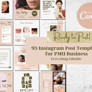 93 PMU Instagram Post Templates Editable with Canva, PMU After Care & Info Social Media Posts, Permanent Make Up Instagram Templates, v2