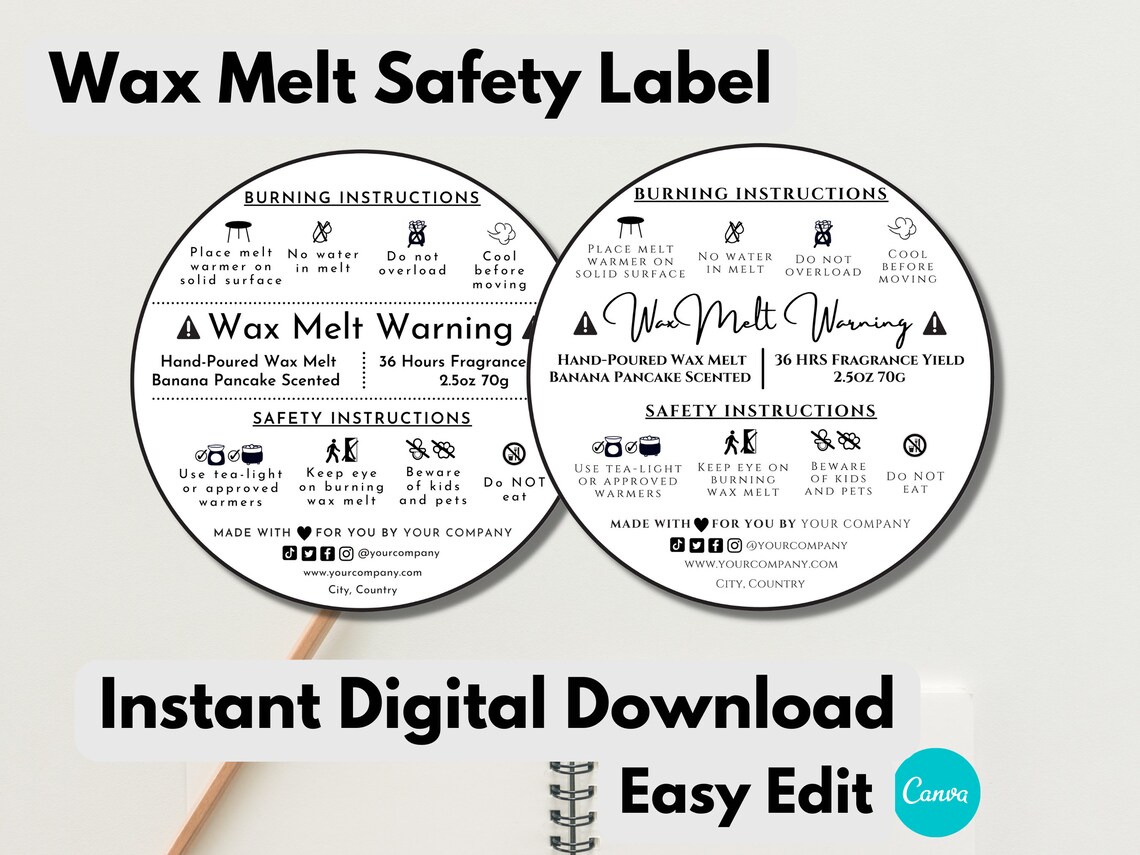 Editable Wax Melt Safety Label Template With Canva, Digital Download, White Round Packaging