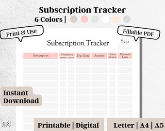 Subscription Tracker Printable, Bill Organizer, Yearly Bill Payment Checklist, Bill Log Template, Digital Download, Fillable PDF, #4