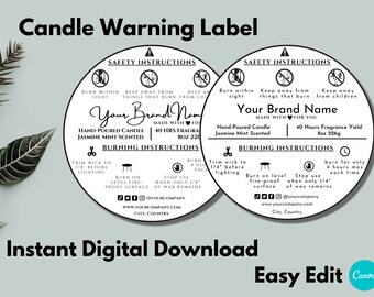 Editable Candle Warning Label Template with Canva, Digital Download, 1.5" 2" 3" Circle Safety Label, Round Packaging Label, White Label, v2
