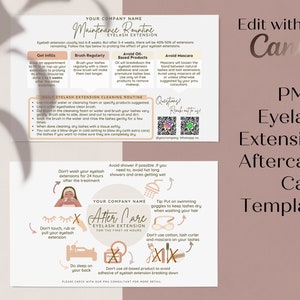 May include: A pink and brown illustrated card template for eyelash extension aftercare. The card includes instructions for the first 48 hours after the treatment, such as avoiding oil-based products, sleeping on your back, and not washing your eyelashes for 24 hours. The card also includes a QR code for questions and a note to edit with Canva.