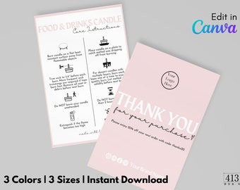 Food Candle Care Card Template, Drink Candle Care, Dessert Candle Editable Care Instruction, Candle Thank You Card, Small Business Insert v2
