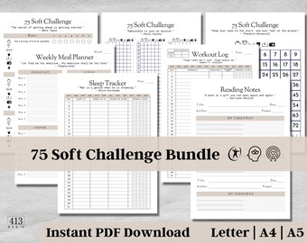 Editable 75 Soft Challenge Tracker, Habit Tracker, 75 Soft Planner, Weekly Meal Planner, Digital Download, Body Mind Spirit Wellness, v3