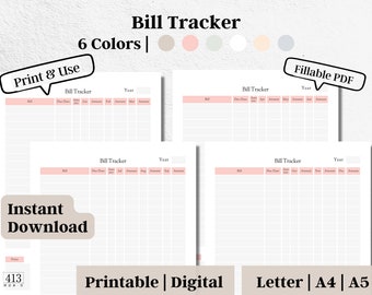 Bill Tracker Printable, Monthly Bill Organizer, Yearly Bill Payment Checklist, Bill Log Template, Digital Download, Fillable PDF, #3