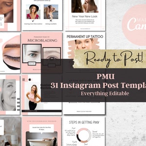 Permanent Makeup Instagram Post Templates, 31 Editable PMU Social Media Posts, PMU After Care Social Media Posts, Microblading Brow v3