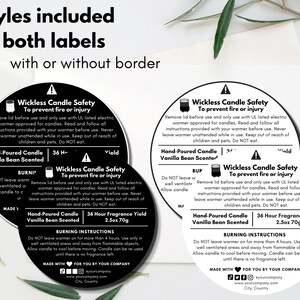 May include: Two round candle labels with black text on a white background. The labels include safety instructions for wickless candles, burning instructions, and information about the hand-poured vanilla bean scented candle. The labels are available with or without a border.