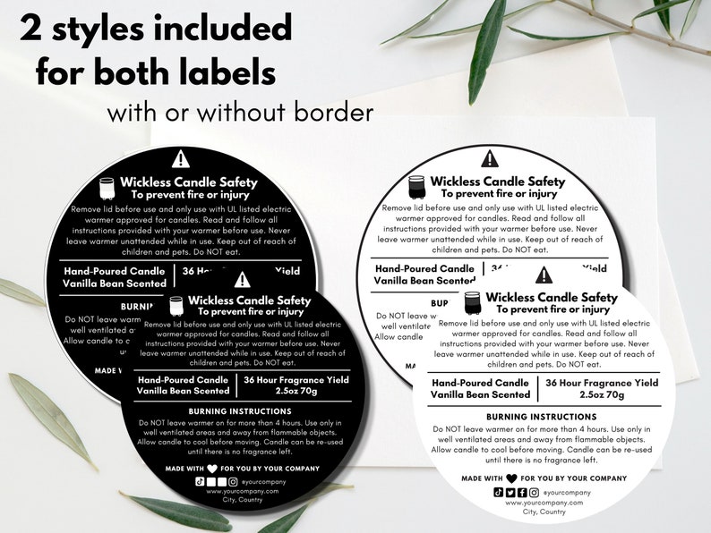May include: Two round candle labels with black text on a white background. The labels include safety instructions for wickless candles, burning instructions, and information about the hand-poured vanilla bean scented candle. The labels are available with or without a border.