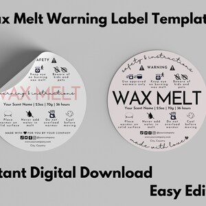 Wax Melt waarschuwingslabel sjabloon, Wax Melt veiligheidslabel Canva sjabloon, bewerkbare veiligheidssticker 1,5" 2" 3", Wax Melt ronde waarschuwingslabel, v4