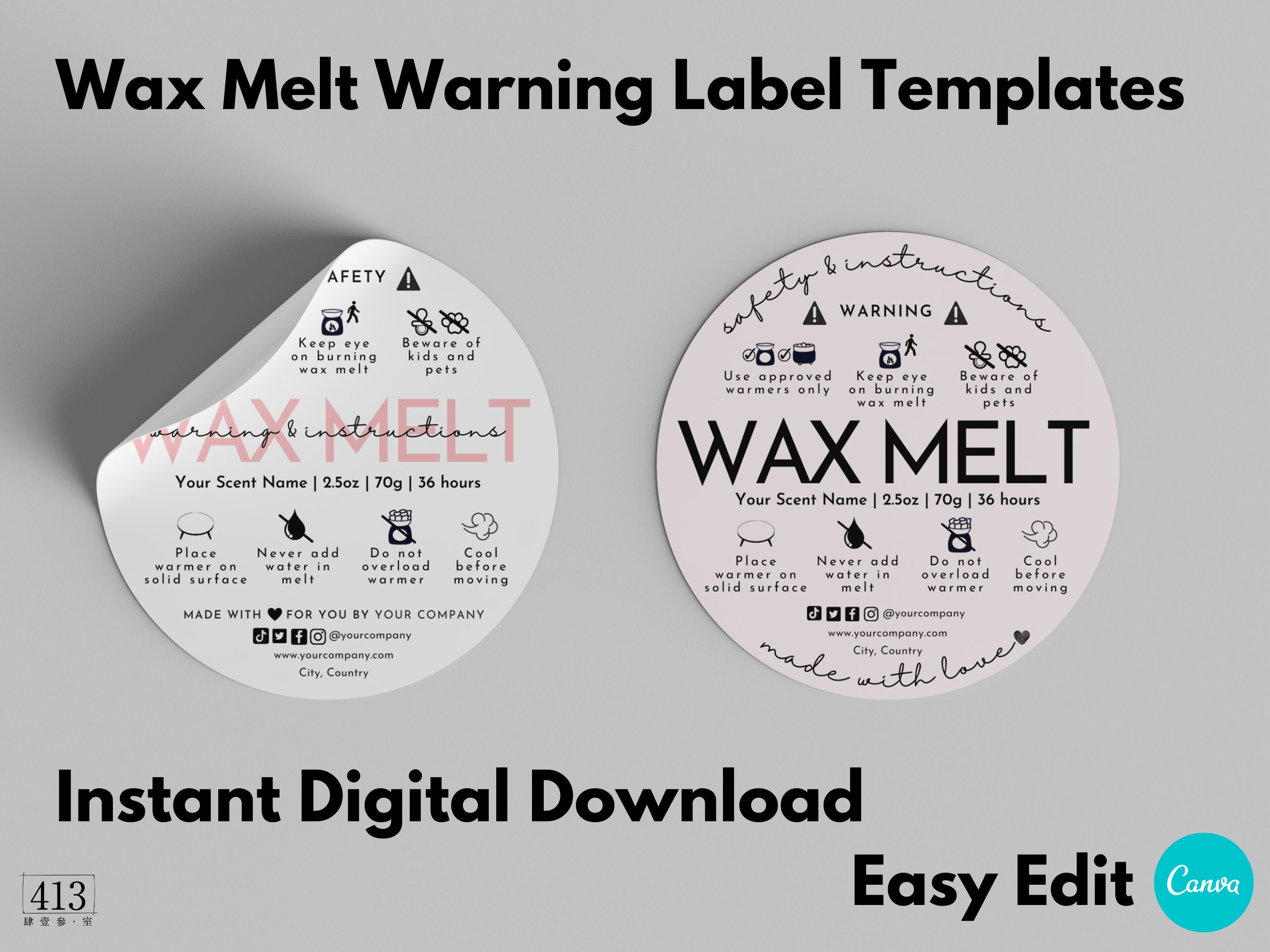 Wax Melt Warning Label Template, EDITABLE Care & Fire Safety