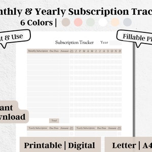 Fillable Subscription Tracker, Bill Organizer Printable, Monthly Yearly Bill Payment Checklist, Bill Log Template, Digital Download, #5