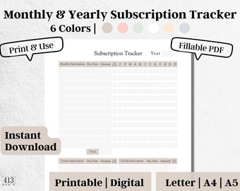 Fillable Subscription Tracker, Bill Organizer Printable, Monthly Yearly Bill Payment Checklist, Bill Log Template, Digital Download, #5