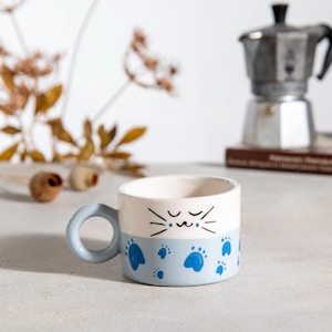 Cat Coffee Mug, Blue Cat Mug, Handmade Ceramic Coffee Mug With Cat, Handmade Pottery,