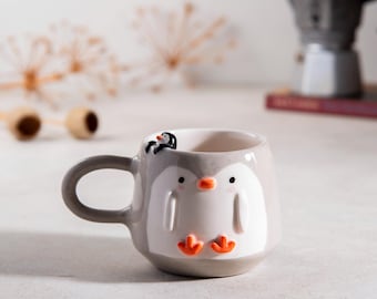 Penguin Coffee Mug, Christmas Mug,  Valentines Gift Mug, Handmade Ceramic Coffee Mug, Handmade Pottery, Christmas Idea, Unique Mug