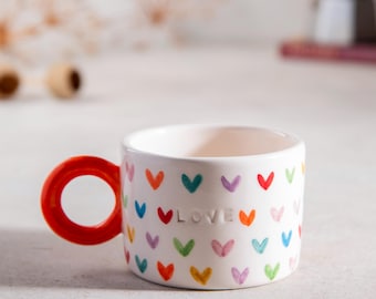 Colorful Heart Mug, Love Ceramic Mug, Handmade Ceramic Coffee Mug , Handmade Pottery, Heart Mug, Unique Mug, Valentine&#39;s Day Mug