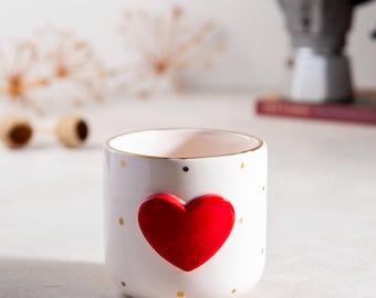 Elegant Heart Ceramic Mug, 24k Real Gold Mug, Love Mug, Heart Mug, Handmade Ceramic Mug, Handmade Pottery, Valentine&#39;s Day Mug, HandmadeDeco