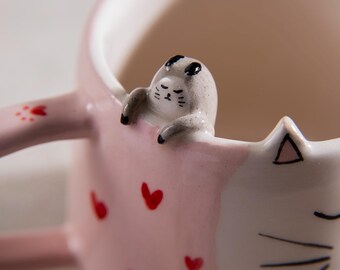 Pink Cat Ceramic Mug, Miyazaki Inspired, Hearts Paw Prints Handle