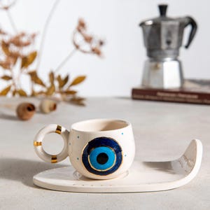 Evil Eye Espresso Espresso Keramiktasse, 24k Echtgold Espressotasse, Weihnachtsgeschenktasse, handgefertigte Keramikkaffeetasse, 1 Tasse und 1 Teller, Espressotasse