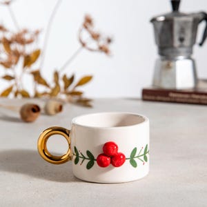 Handmade Ceramic Christmas Mug, 24k Gold Handle, Coquina Flower Cup