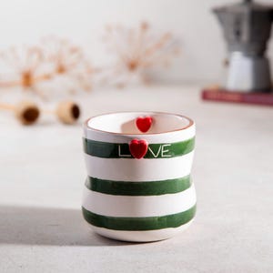 Green Line Ceramic Mug, Handmade Love Mug, Heart Mug, Handmade Pottery, Valentine&#39;s Day Mug