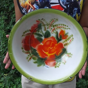 Very Large vintage enamelware bowl with floral design 1950s