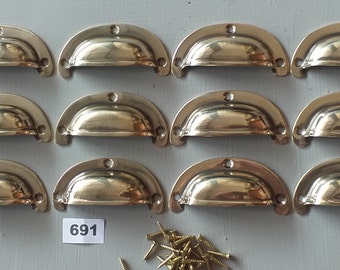 12 vintage style small solid brass D cup draw pull handles NOT lacquered or coated includes FREE solid brass screws