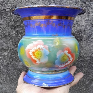 Vintage Czechoslovakian Royal blue spittoon with gold leaf band & floral design early 1900s